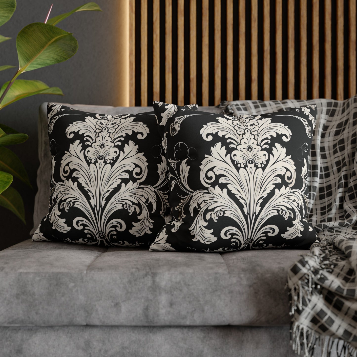 Elegant 19th Century Vintage Floral Damask Pillowcase in Black and White (Pillow not included)