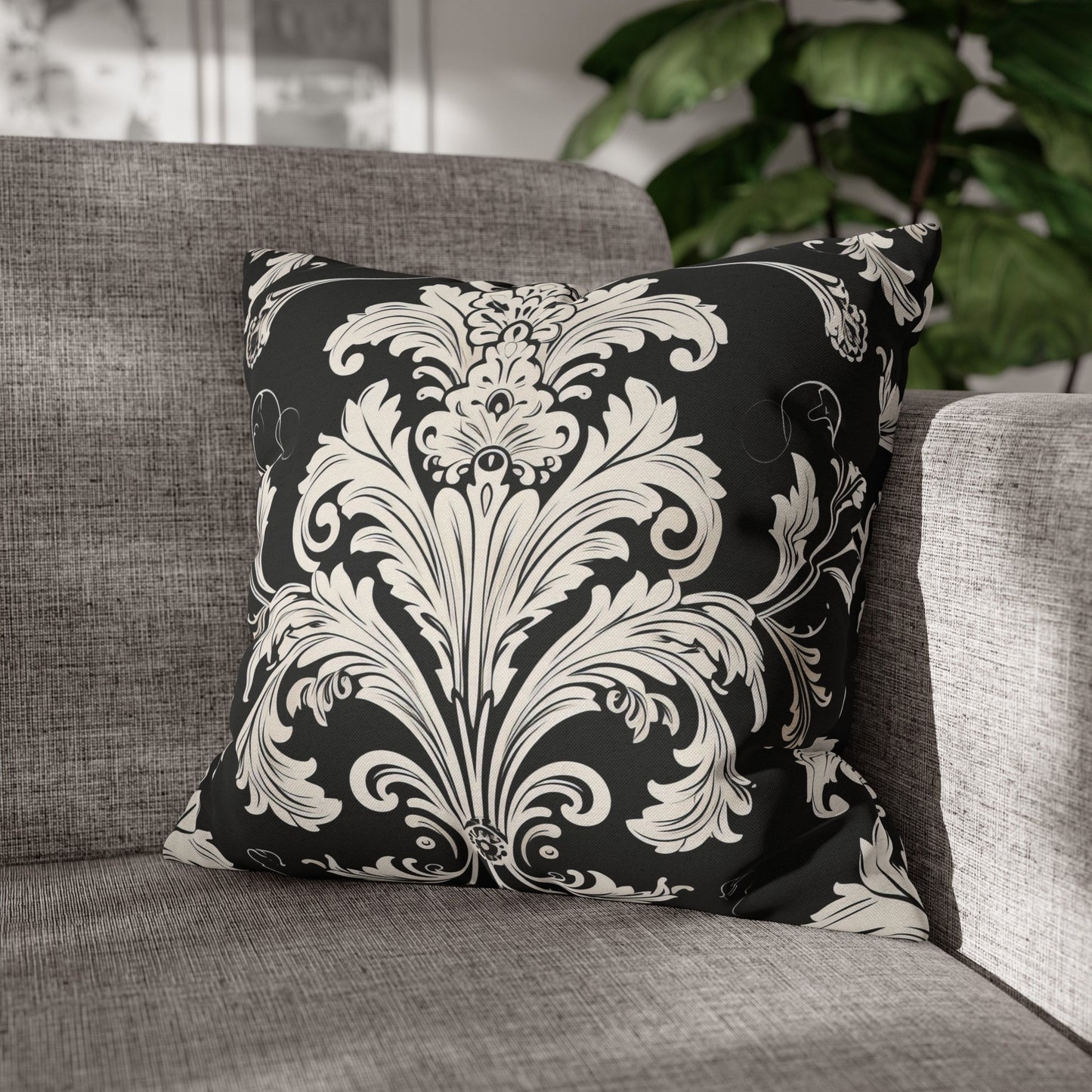 Elegant 19th Century Vintage Floral Damask Pillowcase in Black and White (Pillow not included)