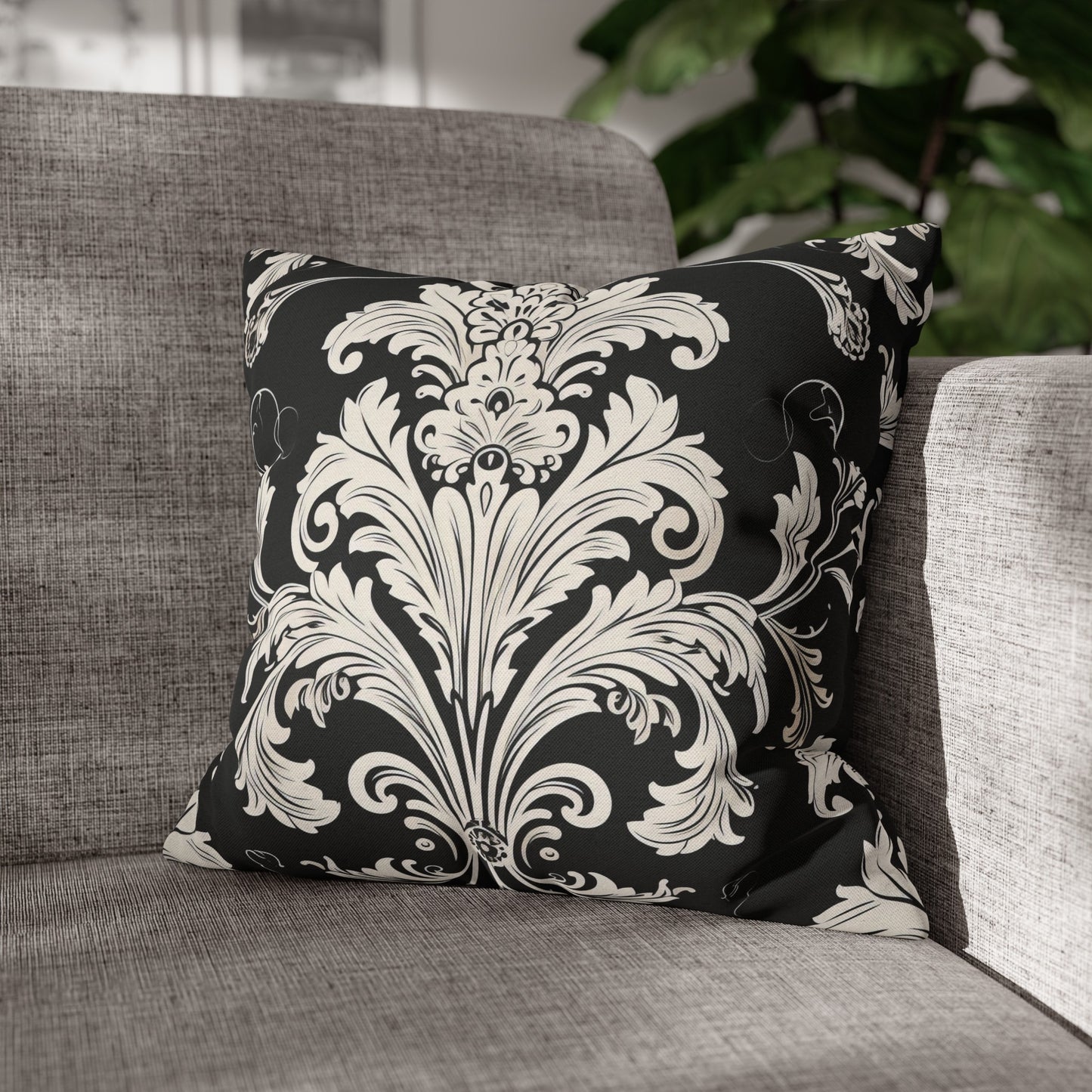Elegant 19th Century Vintage Floral Damask Pillowcase in Black and White (Pillow not included)