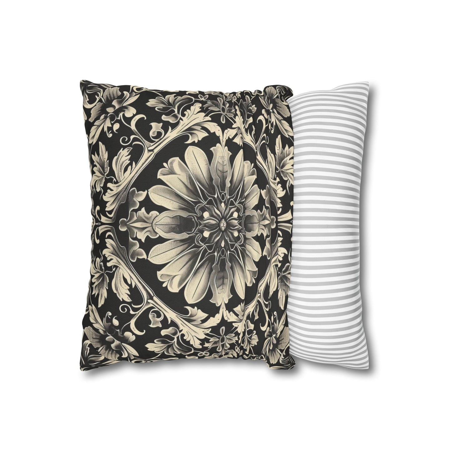 Elegant 19th Century Vintage Floral Damask Pillowcase in Black and Off-White (Pillow not included)