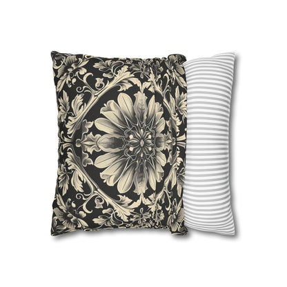 Elegant 19th Century Vintage Floral Damask Pillowcase in Black and Off-White (Pillow not included)