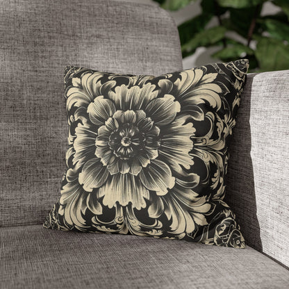 Elegant 19th Century Vintage Floral Damask Pillowcase in Black and Off-White (Pillow not included)