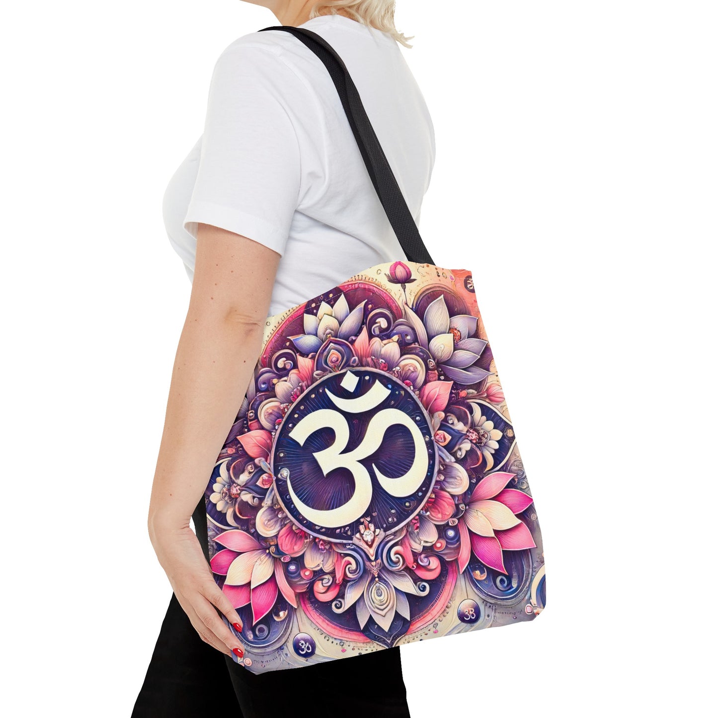 Vibrant Spiritual Yoga Art Om Symbol Tote Bag Durable Polyester with Cotton Straps Available in 3 Sizes