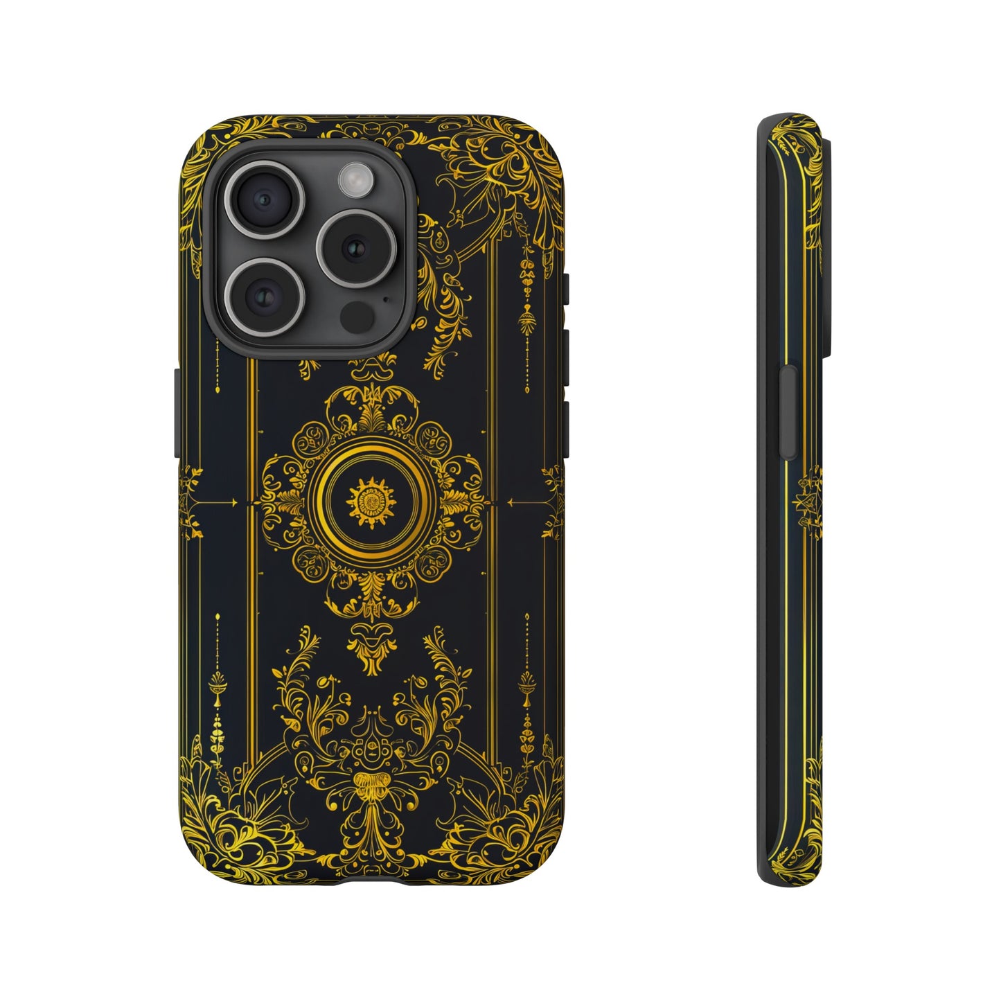 Luxury Gold Floral Damask Tough Phone Case - Elegant Black & Gold Baroque Design