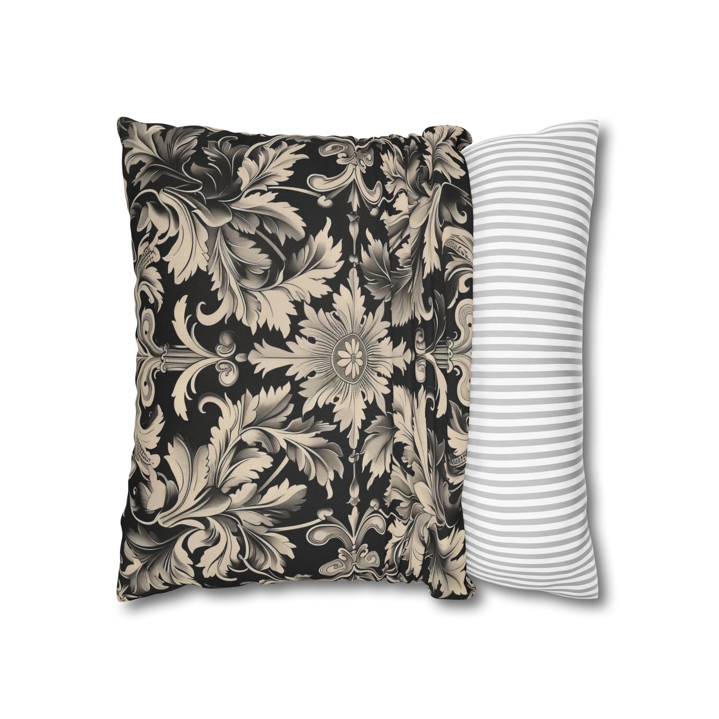 Elegant 19th Century Vintage Floral Damask Pillowcase in Black and Off-White (Pillow not included)