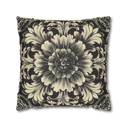 Elegant 19th Century Vintage Floral Damask Pillowcase in Black and Off-White (Pillow not included)