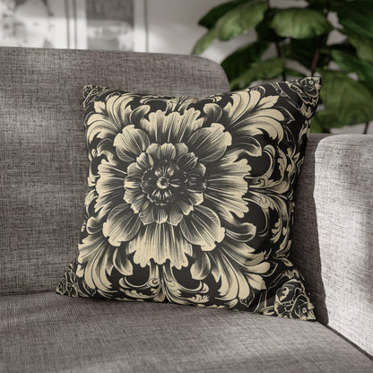 Elegant 19th Century Vintage Floral Damask Pillowcase in Black and Off-White (Pillow not included)