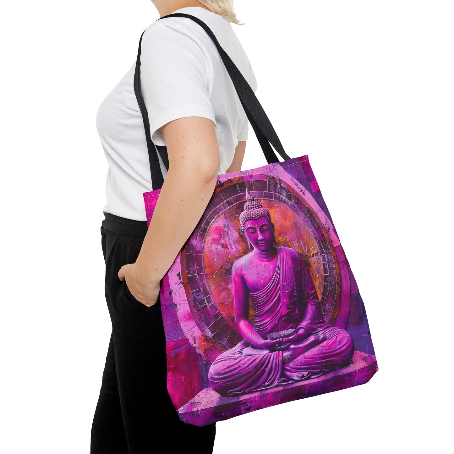 Vibrant Spiritual Buddhist Art Tote Bag Durable Polyester with Cotton Straps Available in 3 Sizes