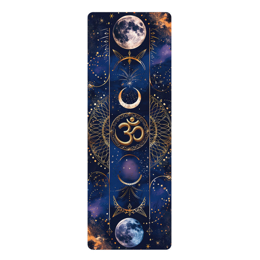 Non-Slip Rubber Yoga Mat with Vibrant Print - Celestial Dance Cosmic Balance Mandala and Om Symbol