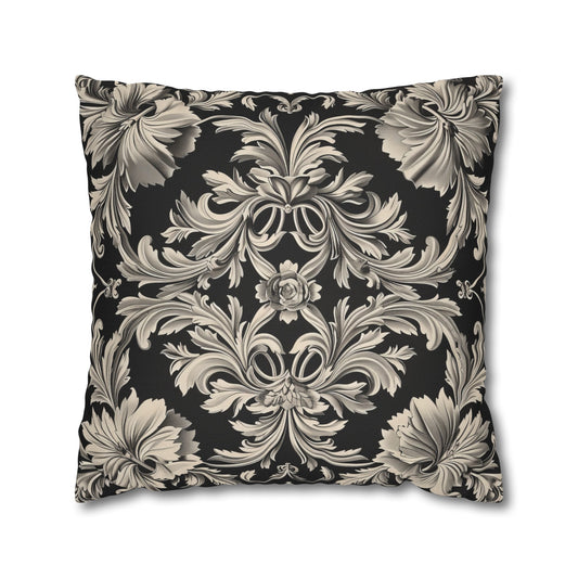 Elegant 19th Century Vintage Floral Damask Pillowcase in Black and Off-White (Pillow not included)