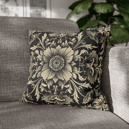 Elegant 19th Century Vintage Floral Damask Pillowcase in Black and Off-White (Pillow not included)