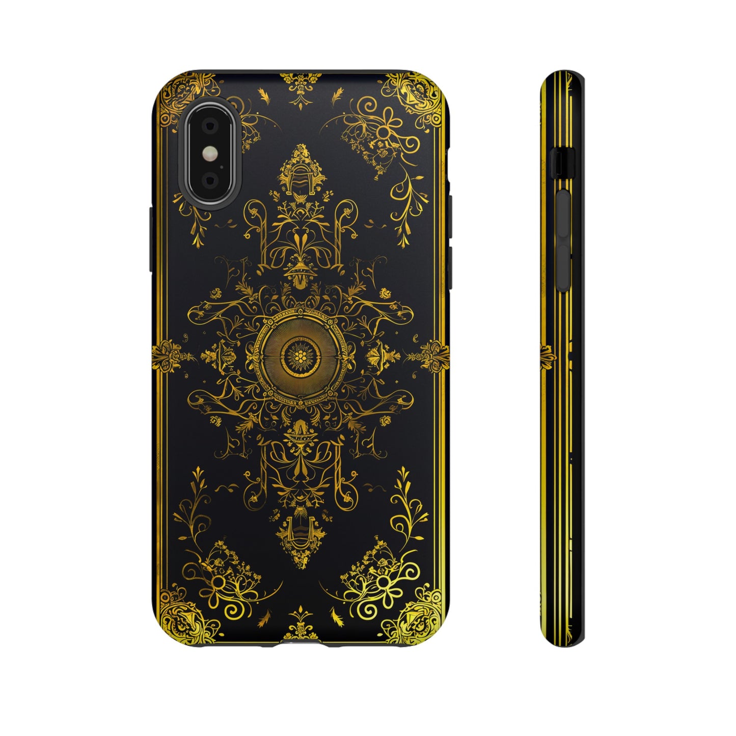 Luxury Gold Floral Damask Tough Phone Case - Elegant Black & Gold Baroque Design