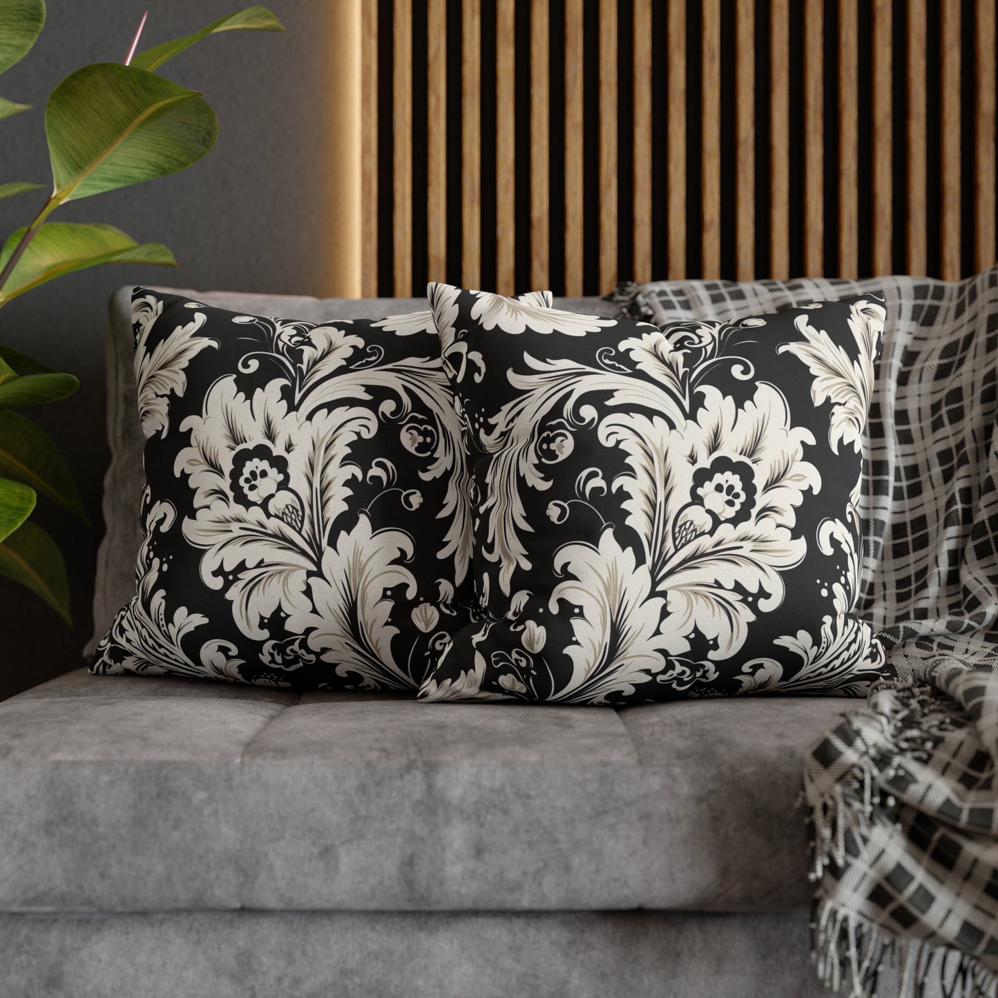 Elegant 19th Century Vintage Floral Damask Pillowcase in Black and White (Pillow not included)