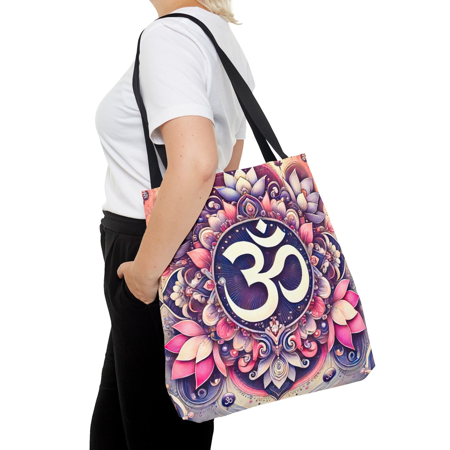 Vibrant Spiritual Yoga Art Om Symbol Tote Bag Durable Polyester with Cotton Straps Available in 3 Sizes