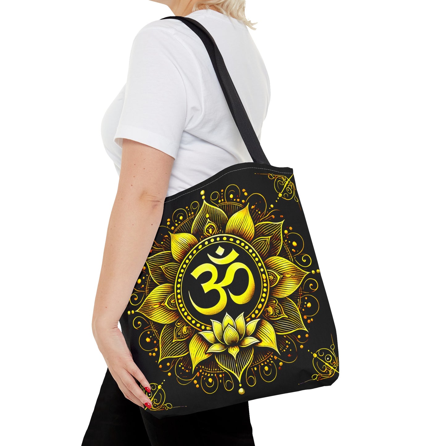 Vibrant Spiritual Yoga Art Om Symbol Tote Bag Durable Polyester with Cotton Straps Available in 3 Sizes