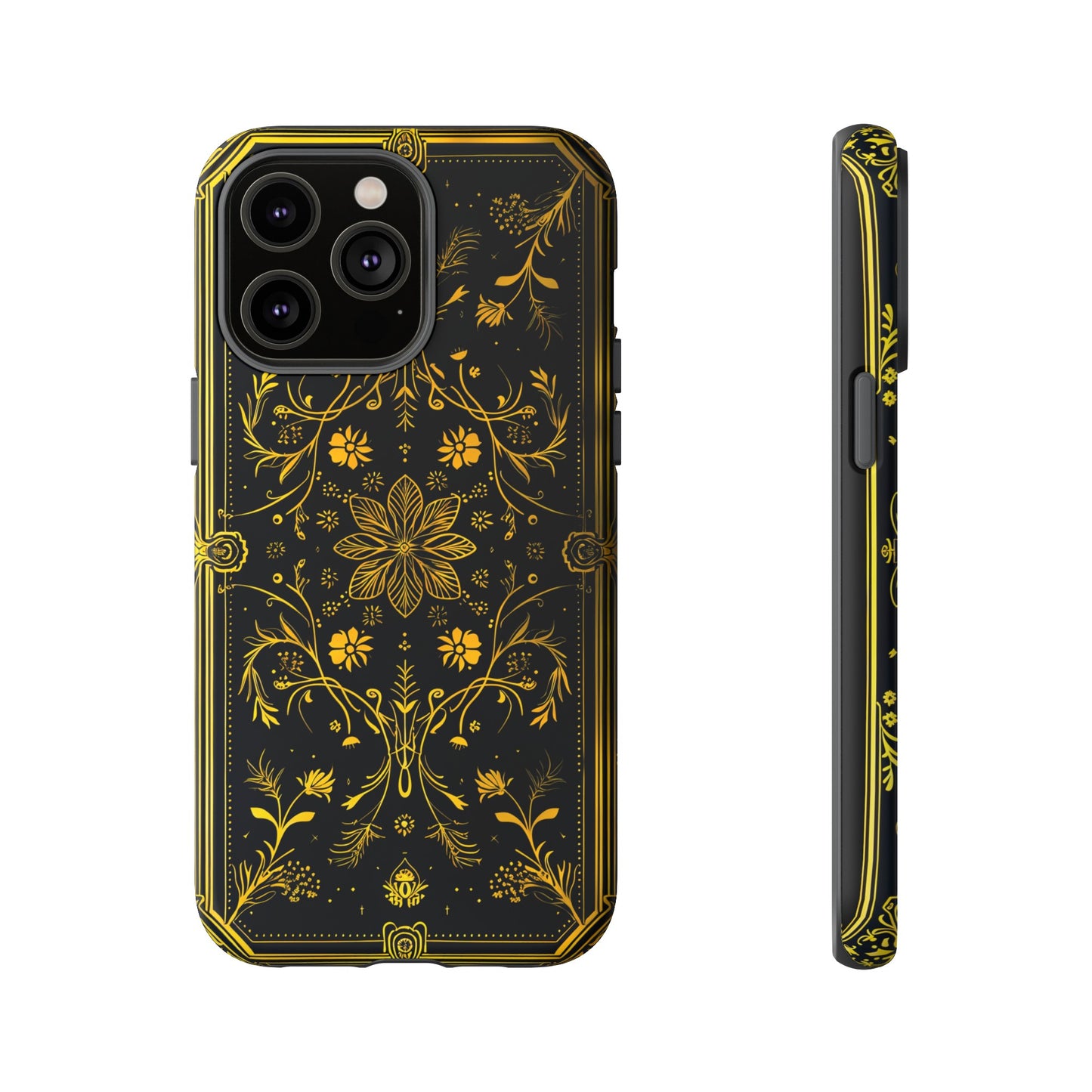 Luxury Gold Floral Damask Tough Phone Case - Elegant Black & Gold Baroque Design