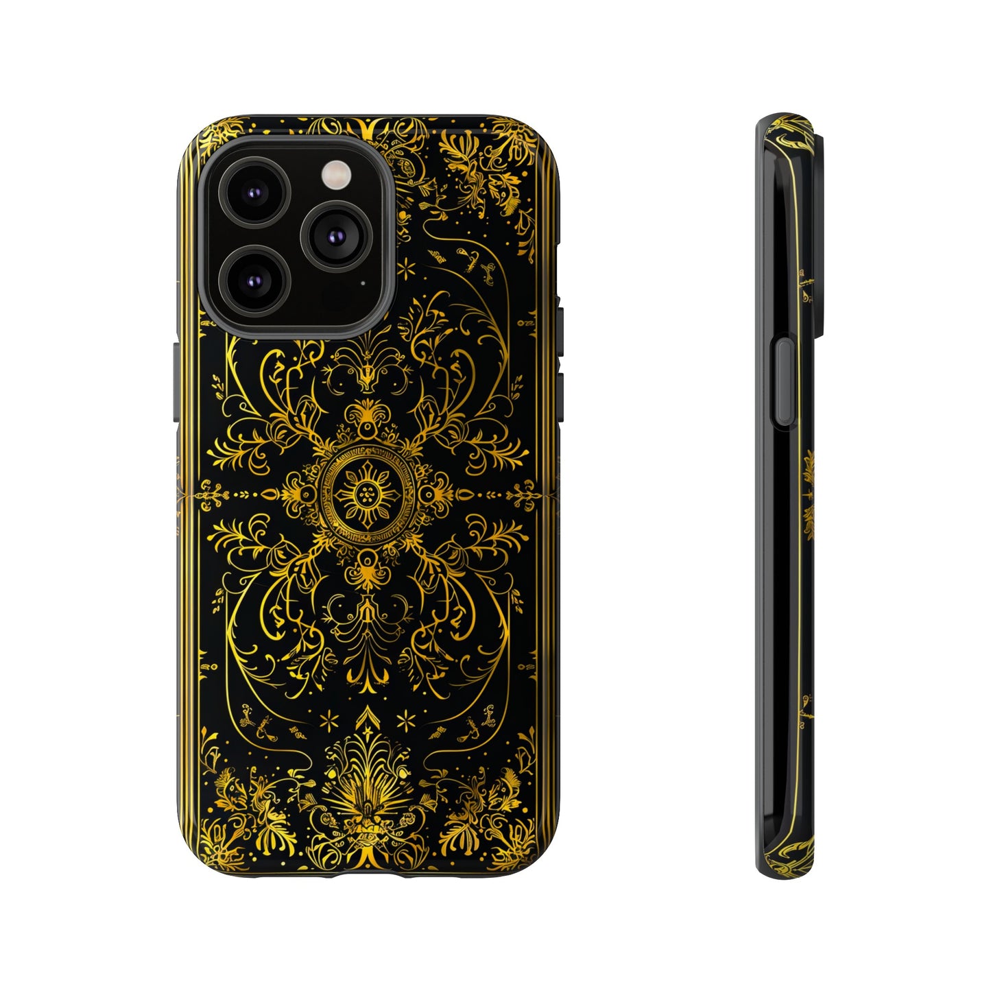 Luxury Gold Floral Damask Tough Phone Case - Elegant Black & Gold Baroque Design
