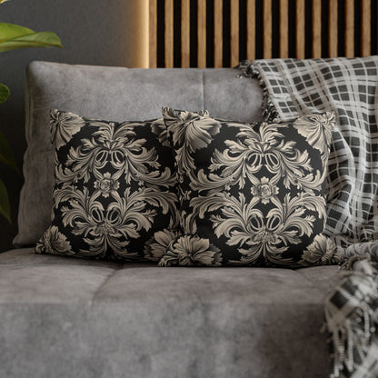 Elegant 19th Century Vintage Floral Damask Pillowcase in Black and Off-White (Pillow not included)