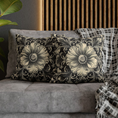 Elegant 19th Century Vintage Floral Damask Pillowcase in Black and Off-White (Pillow not included)