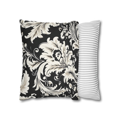 Elegant 19th Century Vintage Floral Damask Pillowcase in Black and White (Pillow not included)