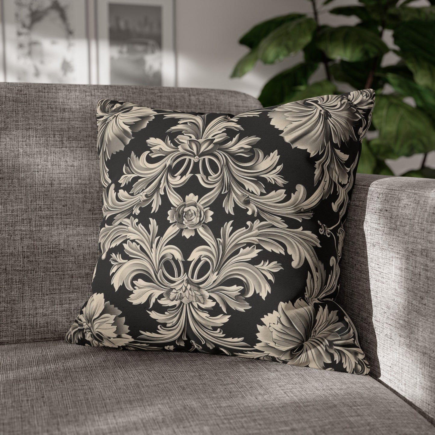 Elegant 19th Century Vintage Floral Damask Pillowcase in Black and Off-White (Pillow not included)