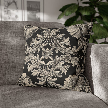 Elegant 19th Century Vintage Floral Damask Pillowcase in Black and Off-White (Pillow not included)
