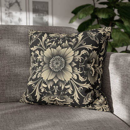 Elegant 19th Century Vintage Floral Damask Pillowcase in Black and Off-White (Pillow not included)