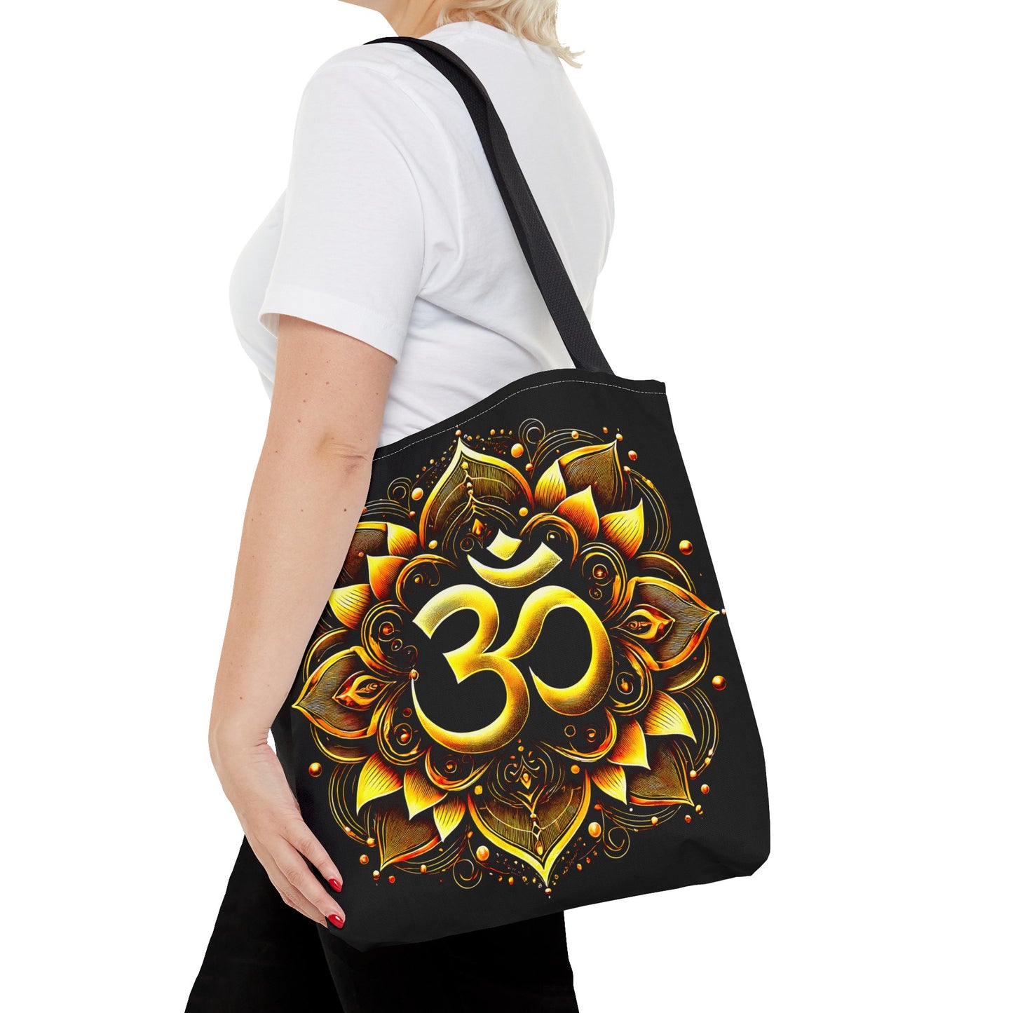 Vibrant Spiritual Yoga Art Om Symbol Tote Bag Durable Polyester with Cotton Straps Available in 3 Sizes