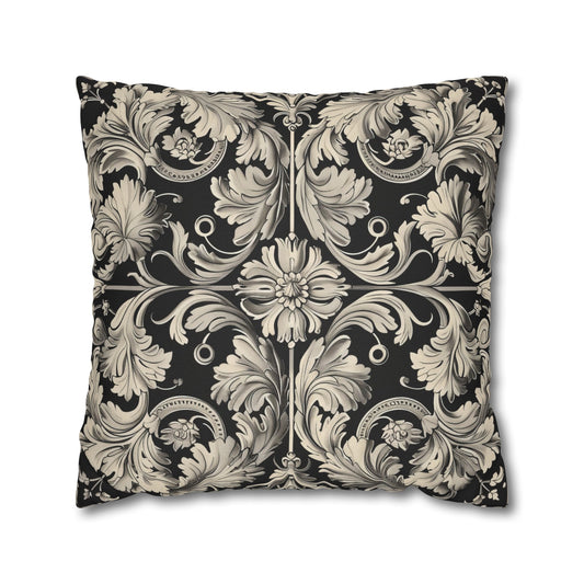 Elegant 19th Century Vintage Floral Damask Pillowcase in Black and Off-White (Pillow not included)