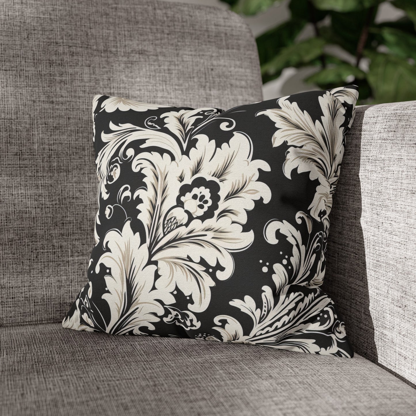 Elegant 19th Century Vintage Floral Damask Pillowcase in Black and White (Pillow not included)