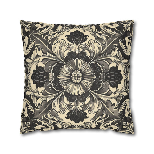 Elegant 19th Century Vintage Floral Damask Pillowcase in Black and Off-White (Pillow not included)