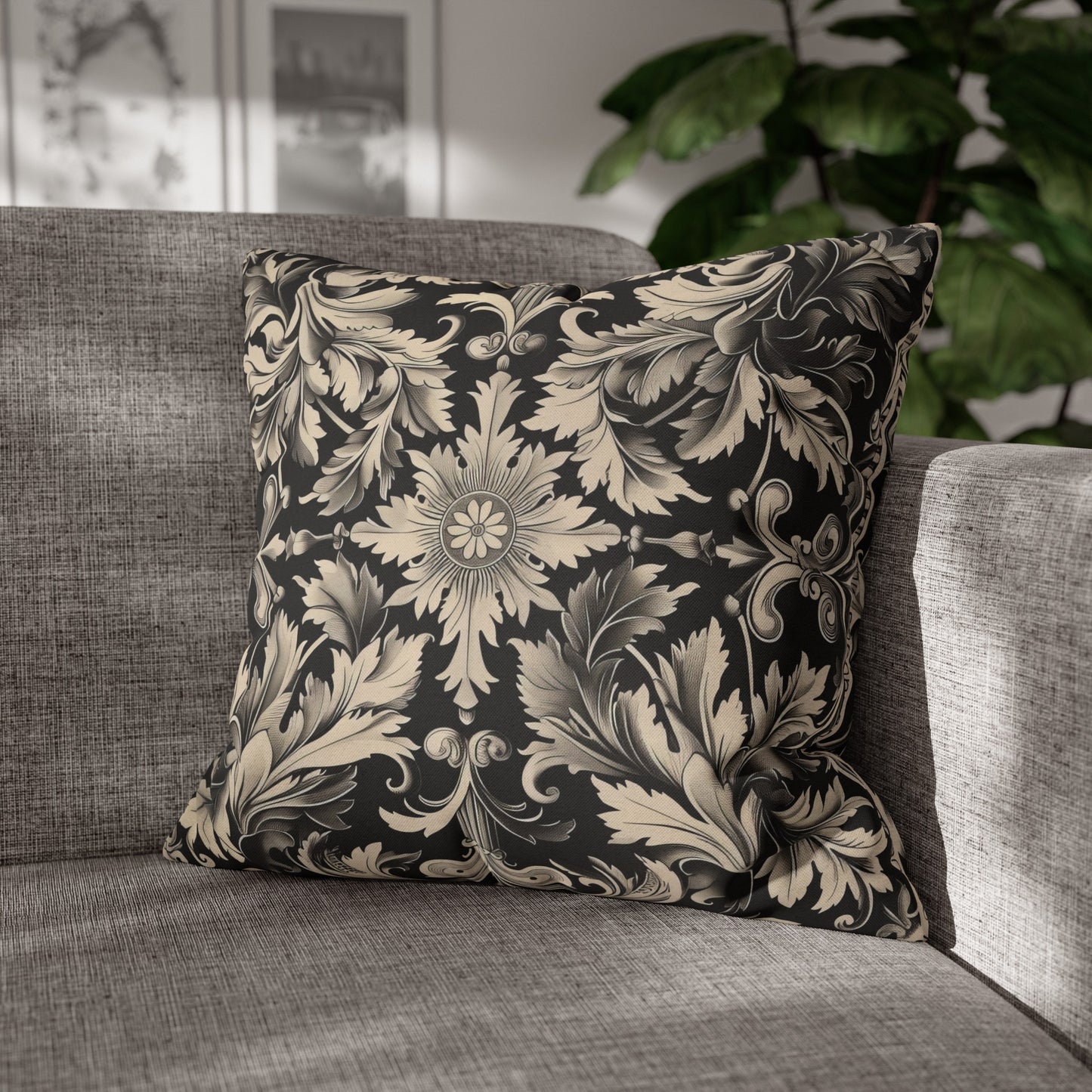 Elegant 19th Century Vintage Floral Damask Pillowcase in Black and Off-White (Pillow not included)