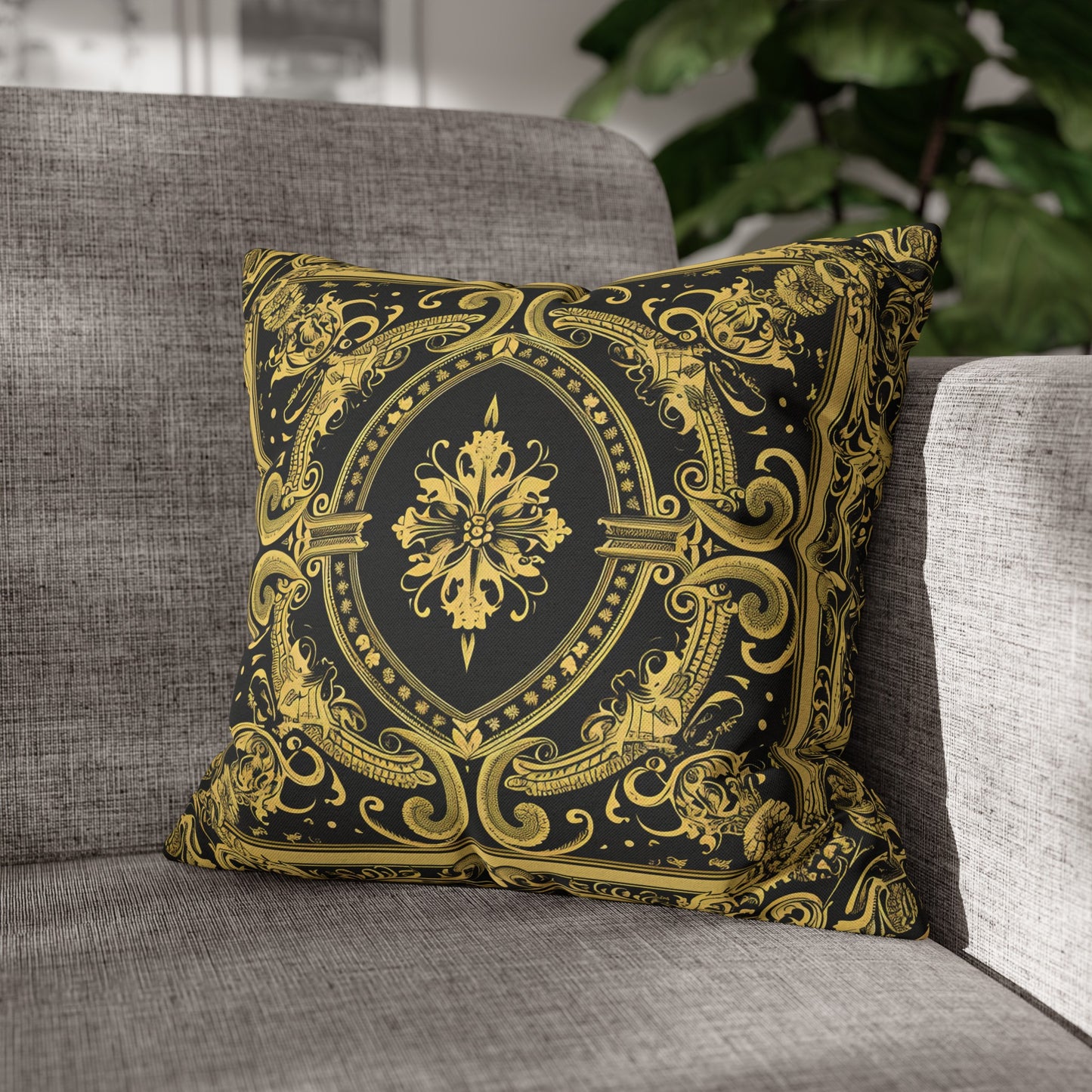 Elegant 19th Century Vintage Floral Damask Pillowcase in Black and Gold (Pillow not included)