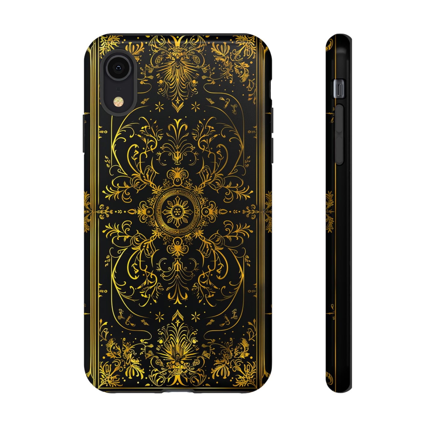Luxury Gold Floral Damask Tough Phone Case - Elegant Black & Gold Baroque Design