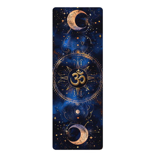 Non-Slip Rubber Yoga Mat with Vibrant Print - Celestial Dance Cosmic Balance Mandala and Om Symbol