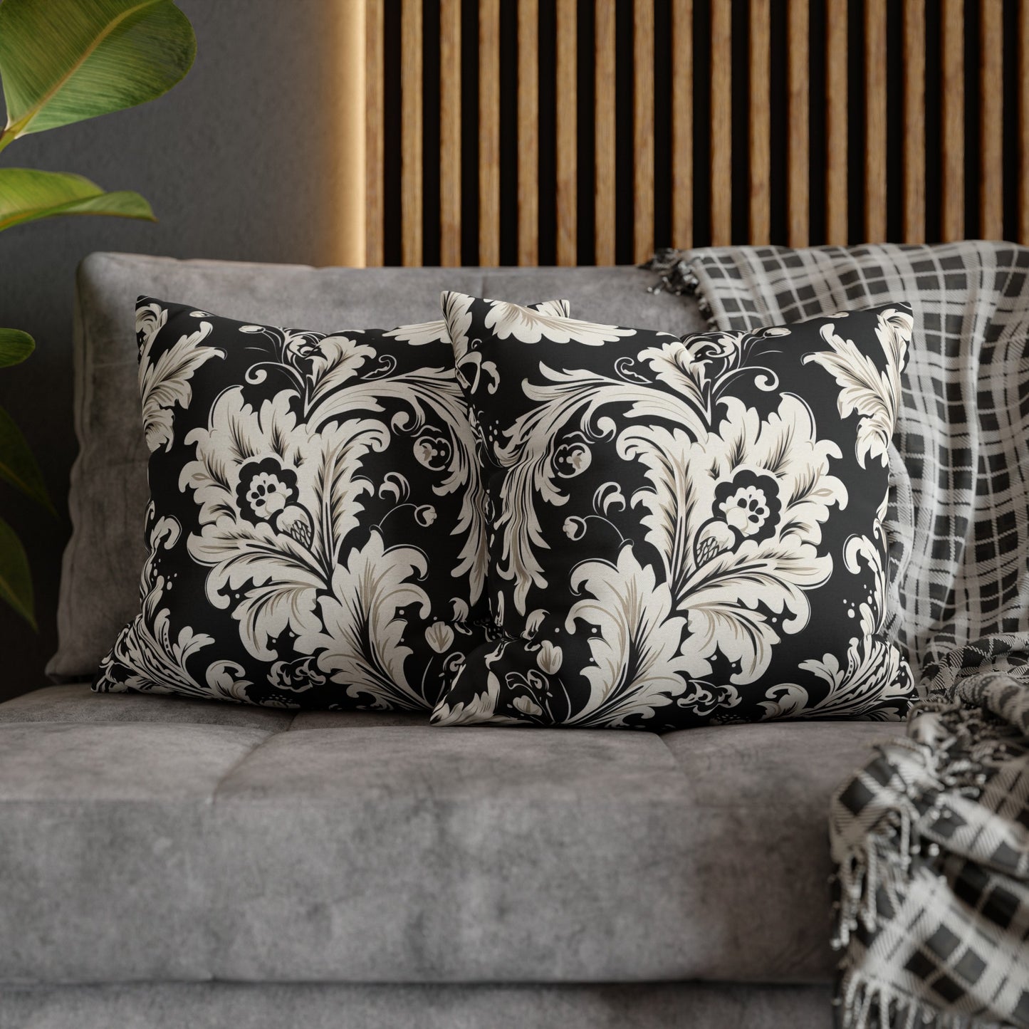 Elegant 19th Century Vintage Floral Damask Pillowcase in Black and White (Pillow not included)