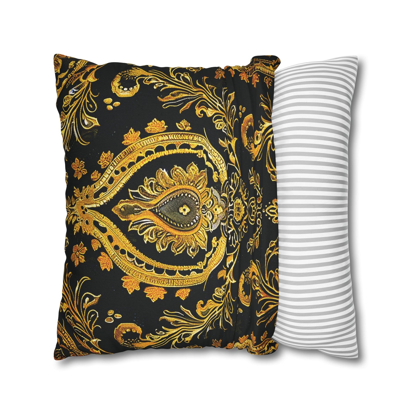 Elegant Black & Gold Damask Throw Pillowcase - Luxurious Floral Baroque Design (Pillow not included)