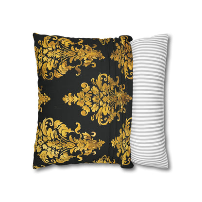 Elegant Black & Gold Damask Throw Pillowcase - Luxurious Floral Baroque Design (Pillow not included)