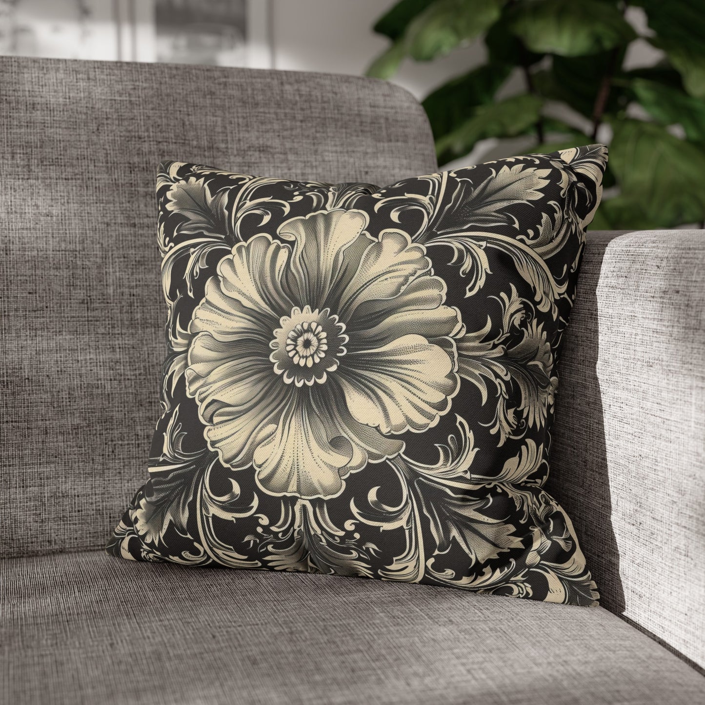 Elegant 19th Century Vintage Floral Damask Pillowcase in Black and Off-White (Pillow not included)