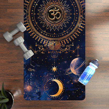 Non-Slip Rubber Yoga Mat with Vibrant Print - Celestial Dance Cosmic Balance Mandala and Om Symbol