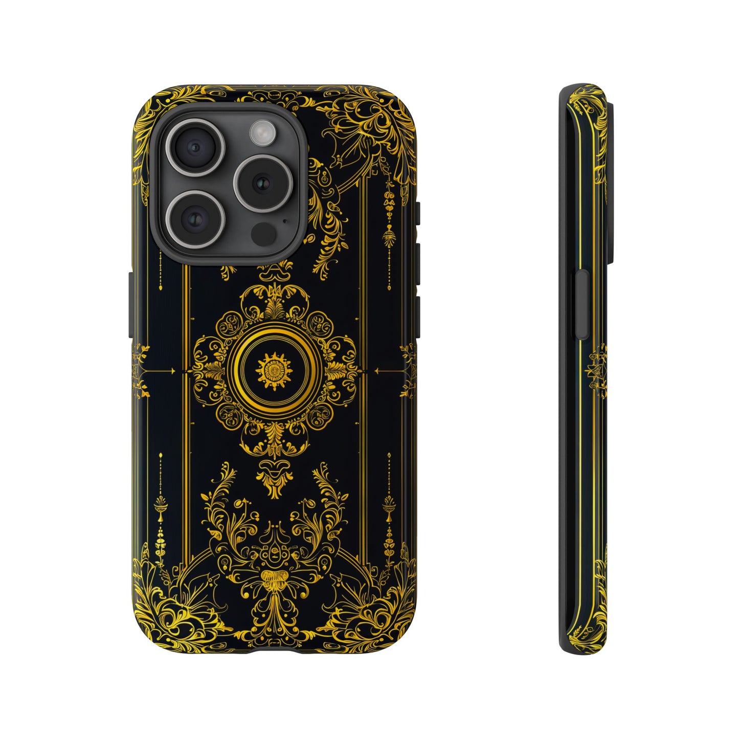 Luxury Gold Floral Damask Tough Phone Case - Elegant Black & Gold Baroque Design