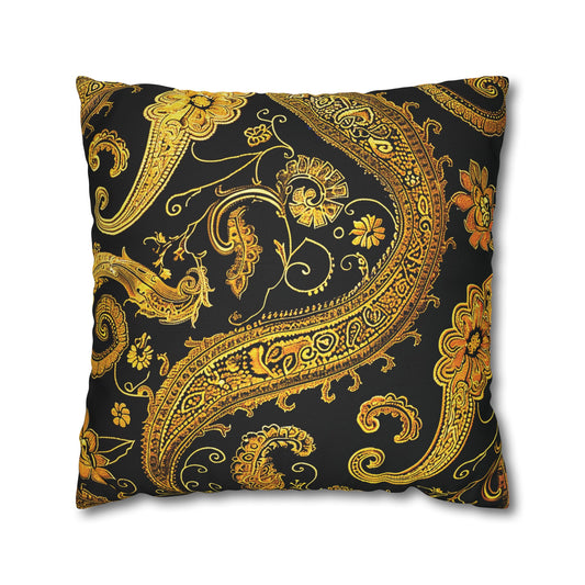 Elegant Black & Gold Paisley Throw Pillowcase - Luxurious Floral Baroque Design (Pillow not included)