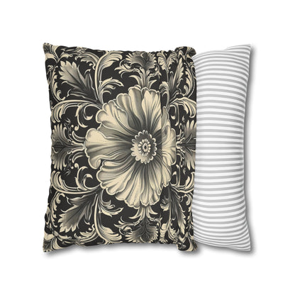 Elegant 19th Century Vintage Floral Damask Pillowcase in Black and Off-White (Pillow not included)