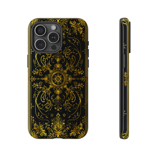 Luxury Gold Floral Damask Tough Phone Case - Elegant Black & Gold Baroque Design