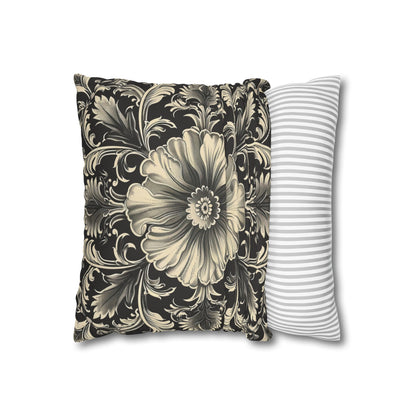 Elegant 19th Century Vintage Floral Damask Pillowcase in Black and Off-White (Pillow not included)