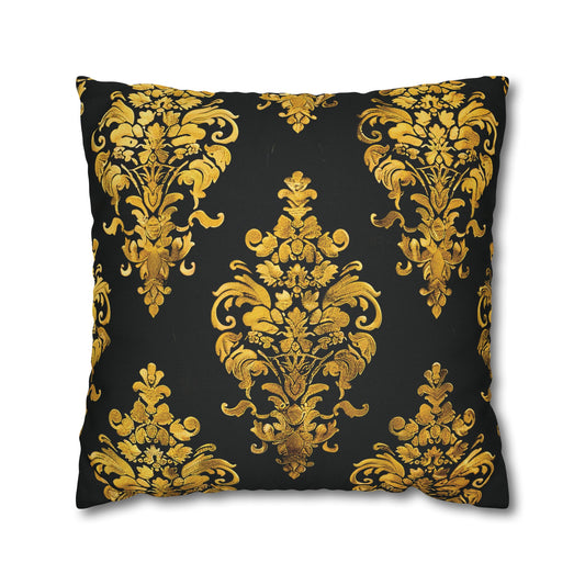 Elegant Black & Gold Damask Throw Pillowcase - Luxurious Floral Baroque Design (Pillow not included)