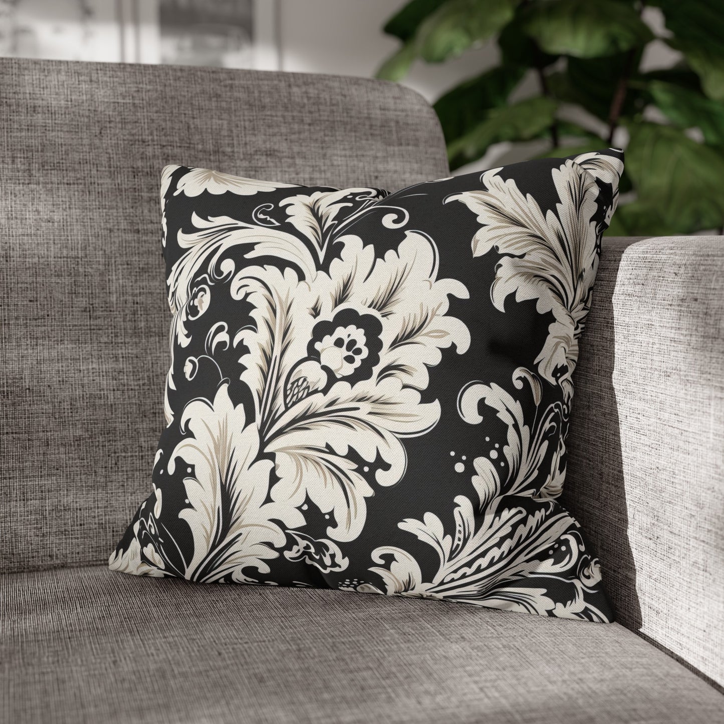 Elegant 19th Century Vintage Floral Damask Pillowcase in Black and White (Pillow not included)