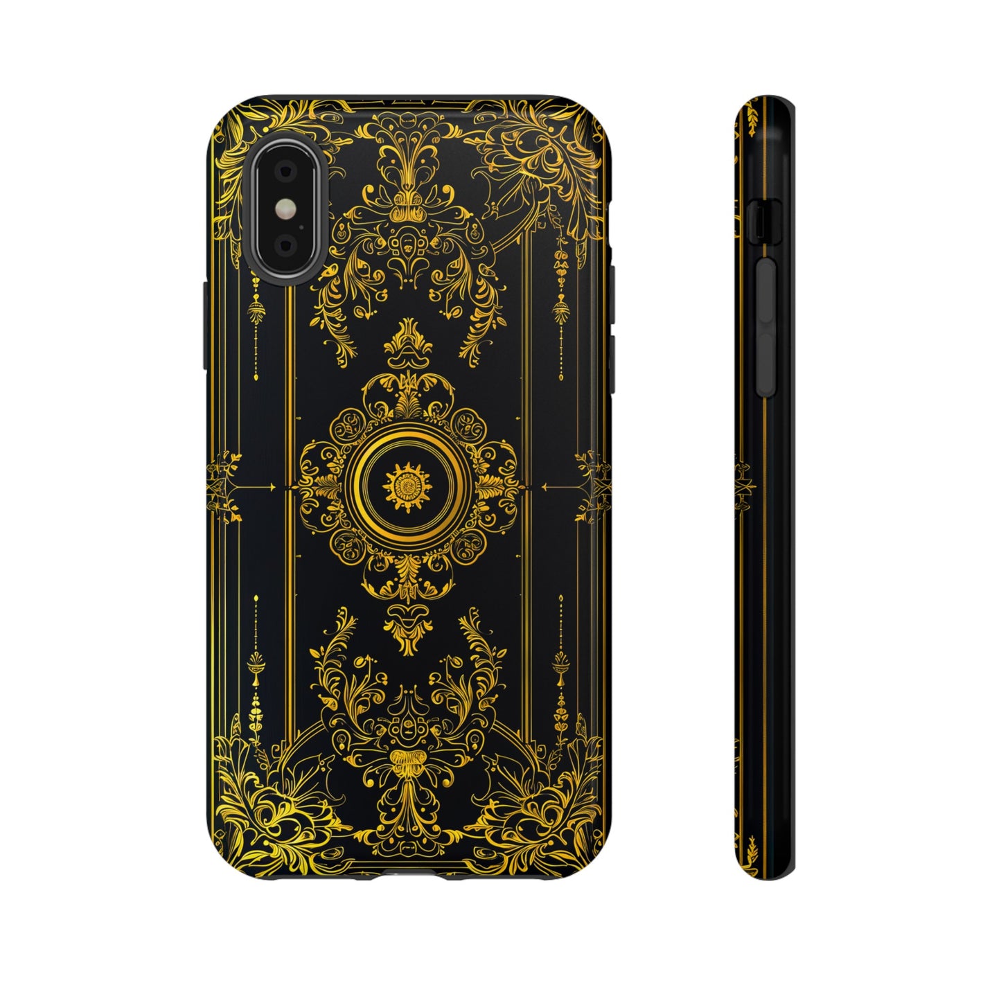 Luxury Gold Floral Damask Tough Phone Case - Elegant Black & Gold Baroque Design