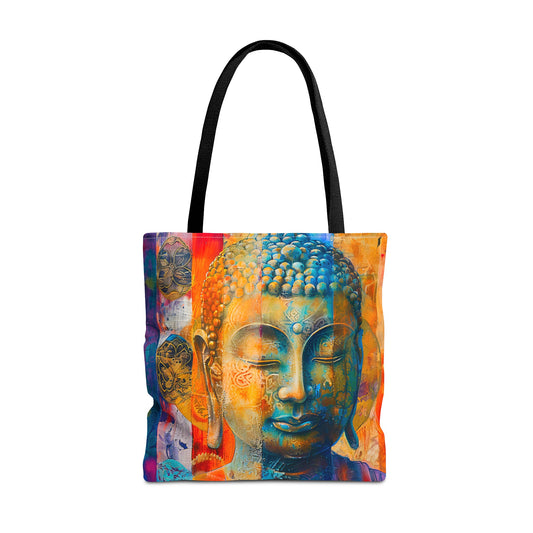 Vibrant Spiritual Buddhist Art Tote Bag Durable Polyester with Cotton Straps Available in 3 Sizes