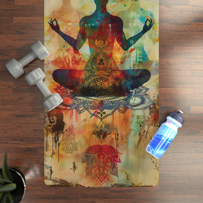 Non-Slip Rubber Yoga Mat with Vibrant Print - Figure Meditating Eye-Catching Design Featuring Om Symbol